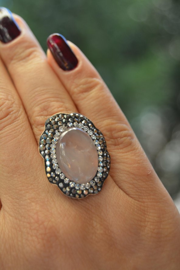 STONEAGE Pembe Kuvars Doğal Taş Bayan Yüzük Ayarlanabilir