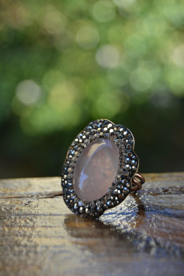 STONEAGE Pembe Kuvars Doğal Taş Bayan Yüzük Ayarlanabilir - 2