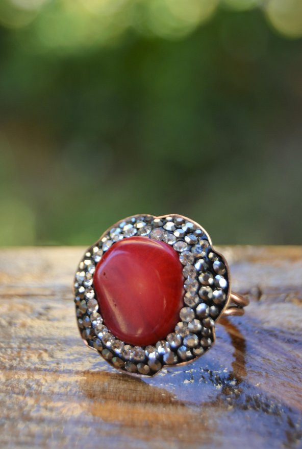 STONEAGE Kırımızı Mercan Doğal Taş El Yapımı Ayarlanabilir Kadın Yüzük - Resim 2