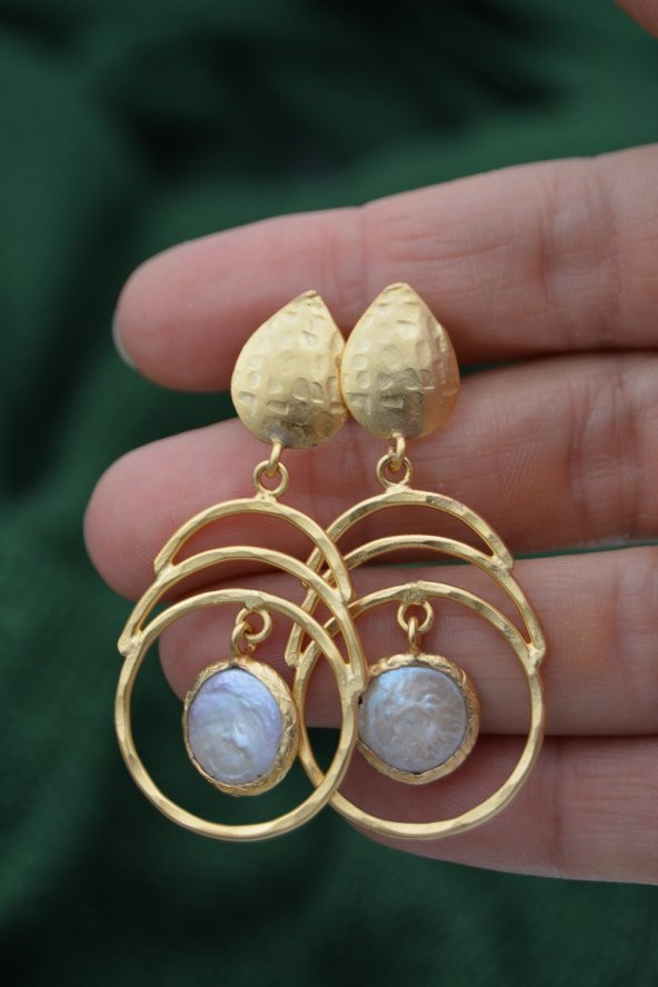 STONEAGE Gerçek İnci Küpe Altın Kaplama El Yapımı Özel Tasarım - Resim 3