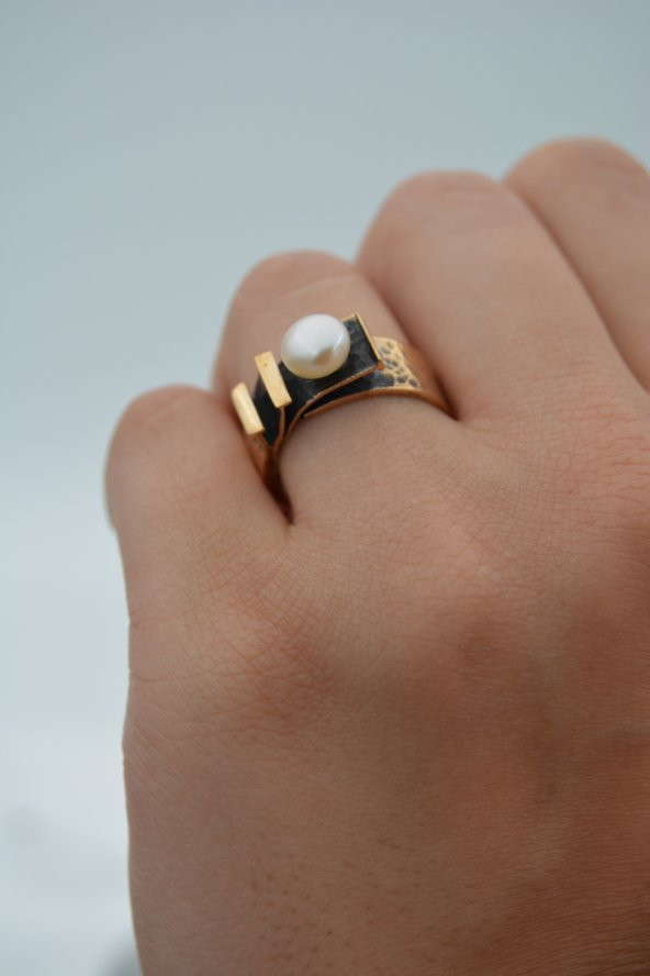 STONEAGE Gerçek İnci Ayarlanabilir Bayan Yüzük Madeni Bakır - Resim 9