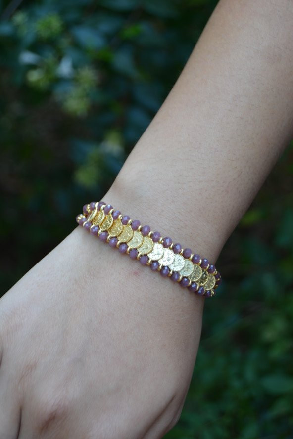 STONEAGE Altın Kaplama Tuğralı Mor Renkli El Yapımı Kadın Bileklik Yerli Üretim Türk Malı - Resim 3