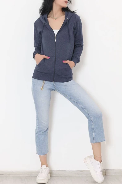 İç Tüylü Kapşonlu Fermuarlı Sweat Koyuindigo - 11866.108. - 4