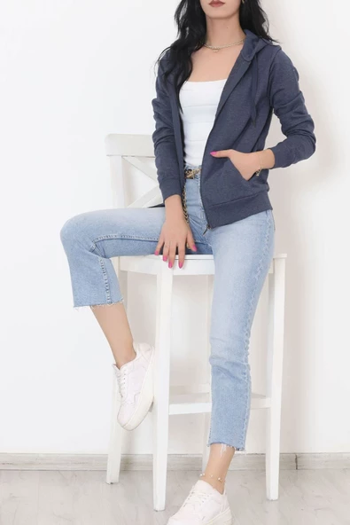 İç Tüylü Kapşonlu Fermuarlı Sweat Koyuindigo - 11866.108. - 3