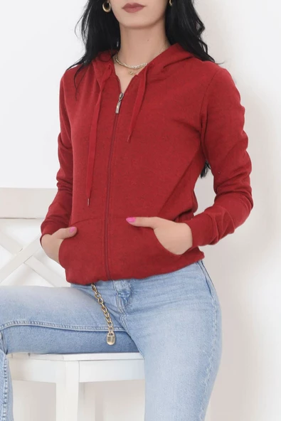İç Tüylü Kapşonlu Fermuarlı Sweat Bordo - 11866.108. - 5