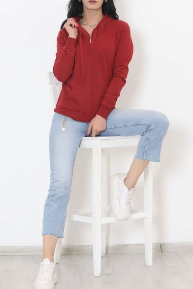 İç Tüylü Kapşonlu Fermuarlı Sweat Bordo - 11866.108. - 10