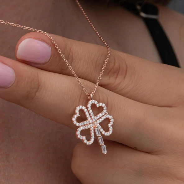 Yonca Desenli Rose Kaplama 925 Gümüş Kadın Kolye - 2