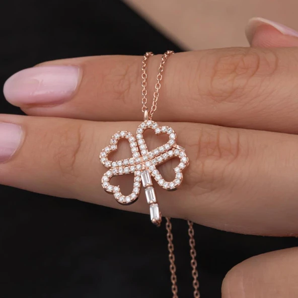 Yonca Desenli Rose Kaplama 925 Gümüş Kadın Kolye - 3