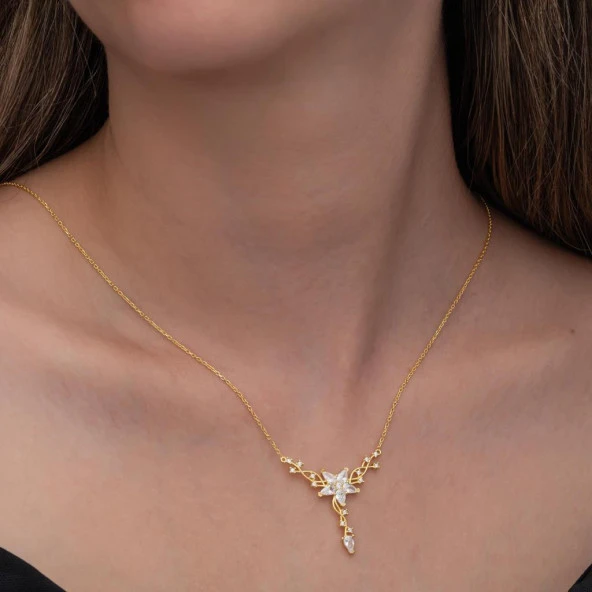 Sarmaşık Lotus Çiçeği Altın Kaplama 925 Gümüş Kadın Kolye - 2