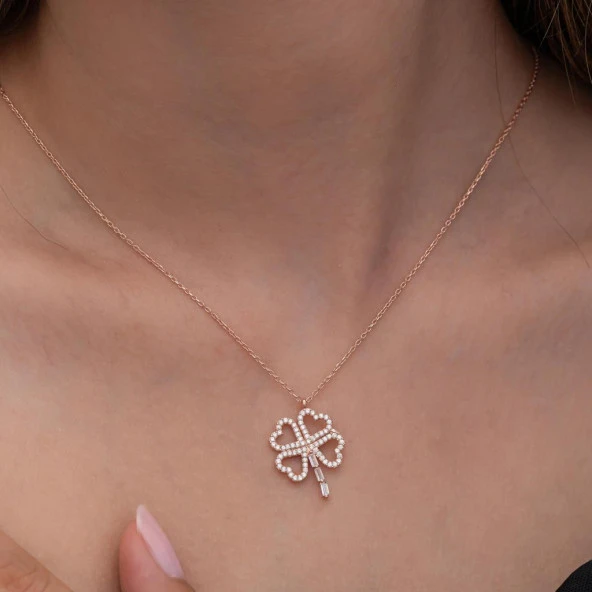 Yonca Desenli Rose Kaplama 925 Gümüş Kadın Kolye - 5