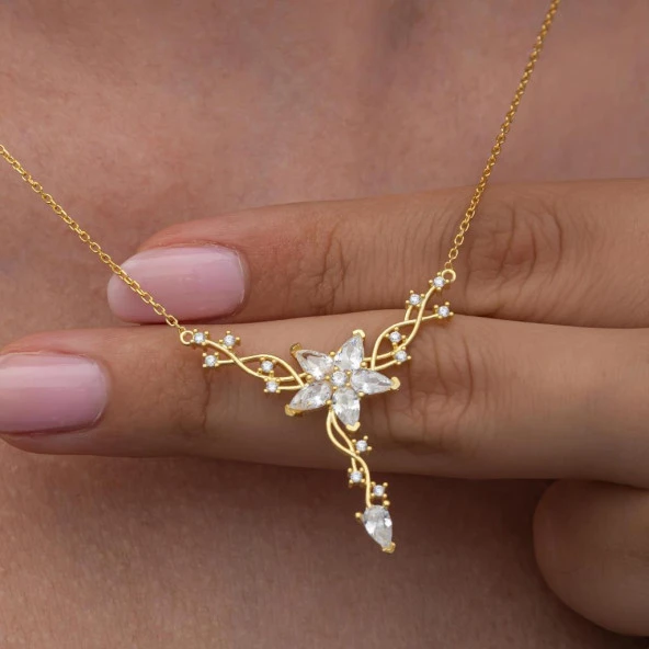 Sarmaşık Lotus Çiçeği Altın Kaplama 925 Gümüş Kadın Kolye - 4