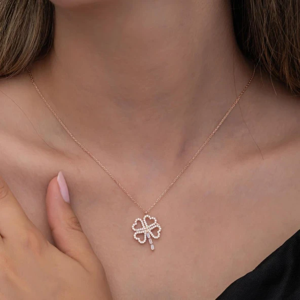 Yonca Desenli Rose Kaplama 925 Gümüş Kadın Kolye - 6