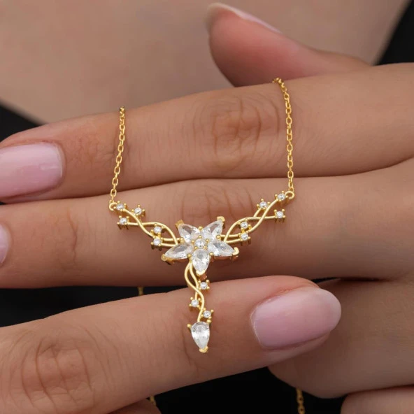 Sarmaşık Lotus Çiçeği Altın Kaplama 925 Gümüş Kadın Kolye - 5
