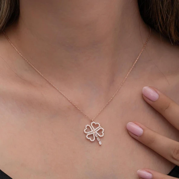 Yonca Desenli Rose Kaplama 925 Gümüş Kadın Kolye - 7