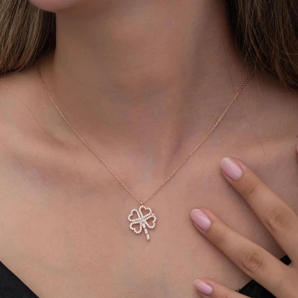 Yonca Desenli Rose Kaplama 925 Gümüş Kadın Kolye - 8