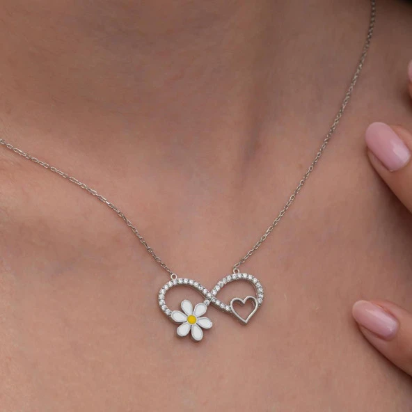 Sonsuzluk Papatya Desenli 925 Gümüş Kadın Kolye - 3