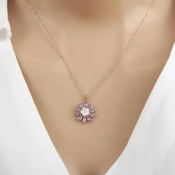 Mor Çiçek Taşlı 925 Gümüş Kadın Kolye - 3