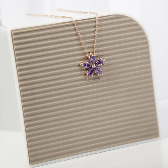 Mor Taşlı Kamelya Çiçeği  925 Gümüş Kadın Kolye - 2