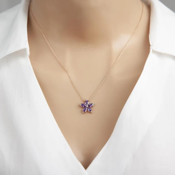 Mor Taşlı Kamelya Çiçeği  925 Gümüş Kadın Kolye - 3