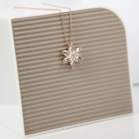 Pembe Taşlı Kamelya Çiçeği 925 Gümüş Kadın Kolye - 2