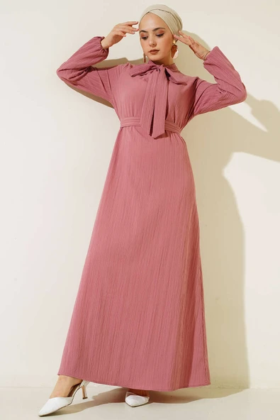 Yaka Fularlı Kuşaklı Elbise Gül Kurusu