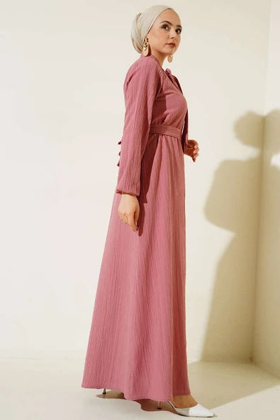 Yaka Fularlı Kuşaklı Elbise Gül Kurusu - 3