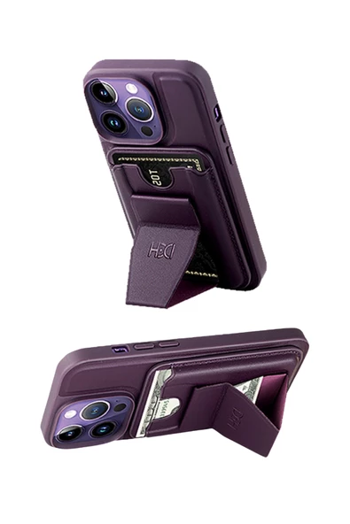 iPhone 14 Pro Kılıf HD Deri Luxury Fuchsia Magnet Kartvizitli Kapak - Resim 3