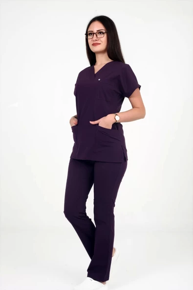 Deniz İş Kadın Likralı Yarasakol Mürdüm Renk Scrubs Takım - 3