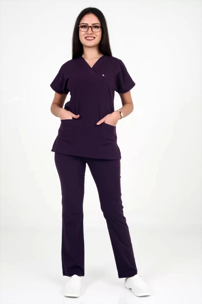 Deniz İş Kadın Likralı Yarasakol Mürdüm Renk Scrubs Takım - 6