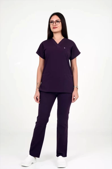 Deniz İş Kadın Likralı Yarasakol Mürdüm Renk Scrubs Takım - 5