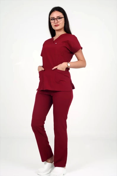 Deniz İş Kadın Terycotton Yarasakol Bordo Renk Scrubs Takım - 2