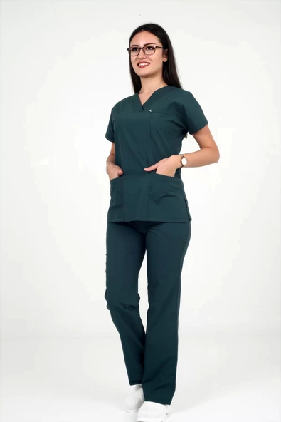 Deniz İş Kadın Terycotton Yarasakol Acı Yeşil Renk Scrubs Takım - 3