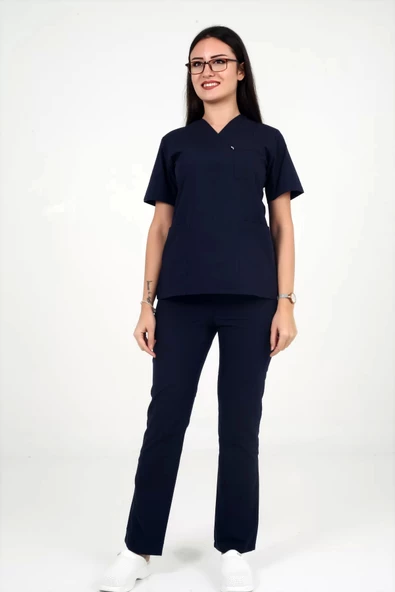 Deniz İş Kadın Terycotton Zarf Yaka Lacivert Renk Scrubs Takım - 3