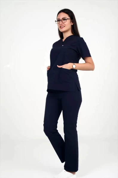 Deniz İş Kadın Terycotton Zarf Yaka Lacivert Renk Scrubs Takım - 2