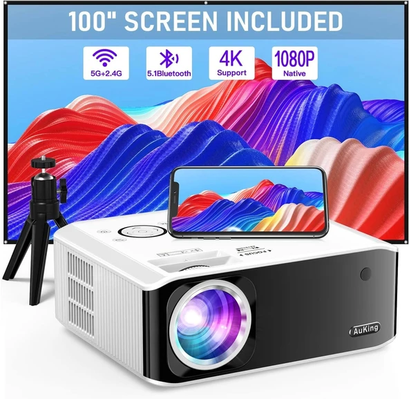 AuKing Projektör - WiFi ve Bluetooth 1080P - 4K Destekli, 400 Inc, 480 ANSI