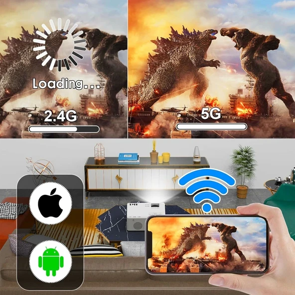 TMY Projektör 5G WiFi ve Bluetooth 5.1 - 9500 Lümen HD, 1080P Destekli - 2