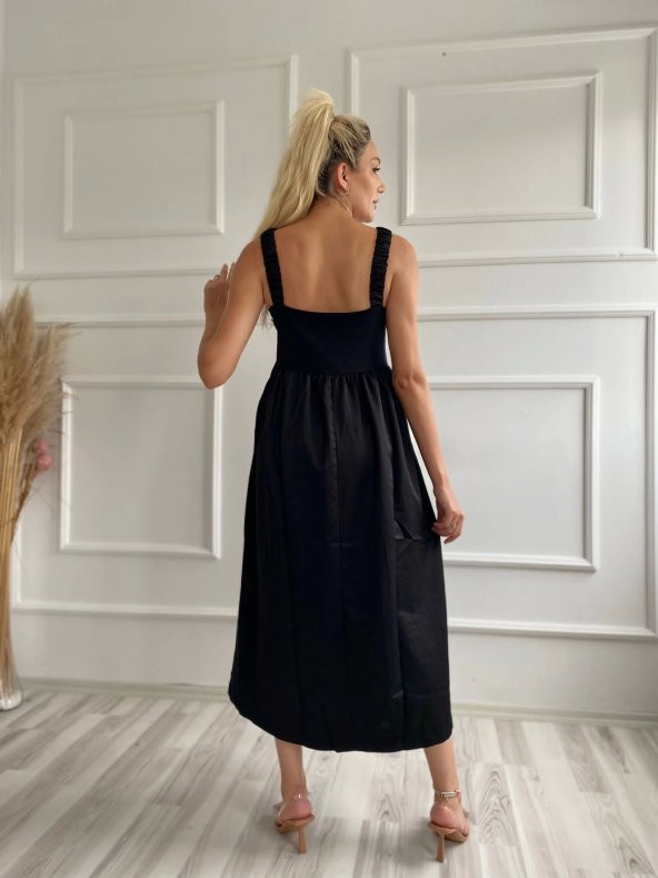 Kadın Kare Yaka Uzun Elbise Siyah - 3