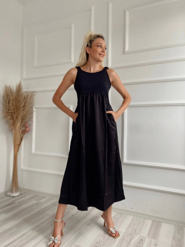 Kadın Kare Yaka Uzun Elbise Siyah - 7