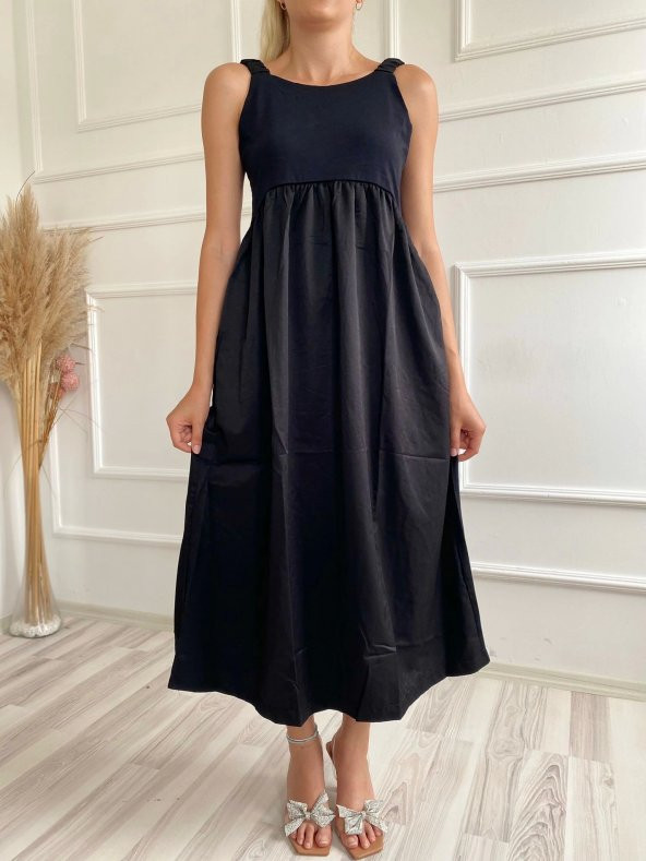 Kadın Kare Yaka Uzun Elbise Siyah - 8