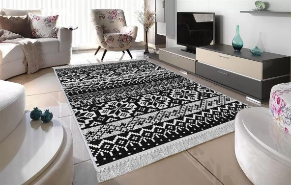 Artızon Halı ART-021 Beyaz Taban Dekoratif Kilim Ince Yıkanabilir Süngerli Dot Taban Salon Halısı