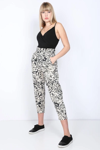 Kadın Desenli Paperbag Duble Paça Pantolon ürün görseli 1