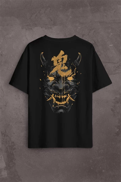 Mask Hannya Demon Maske Japonca Japanese Sırt Ön Baskılı Oversize Tişört Unisex T-Shirt