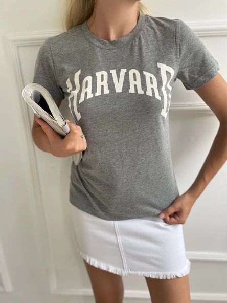 Kadın Basic Tişört Harvard Baskılı Gri - Resim 2