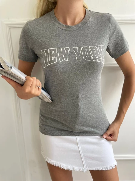 Kadın Basic Tişört Newyork Baskılı Gri - Resim 2
