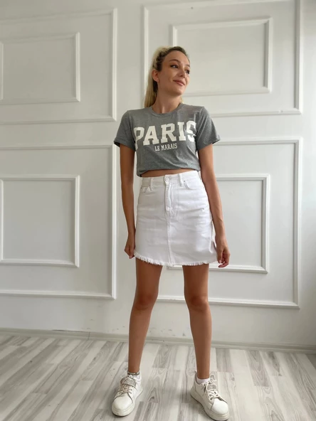 Kadın Basic Tişört Paris Le Marais Baskılı Gri - Resim 4