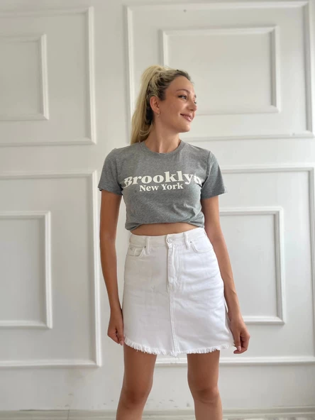 Kadın Basic Tişört Brooklyn New York Baskılı Gri - 3