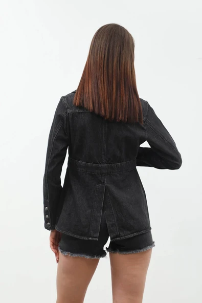 Kadın Uzun Kollu Tek Düğmeli Jean Ceket Siyah - 7