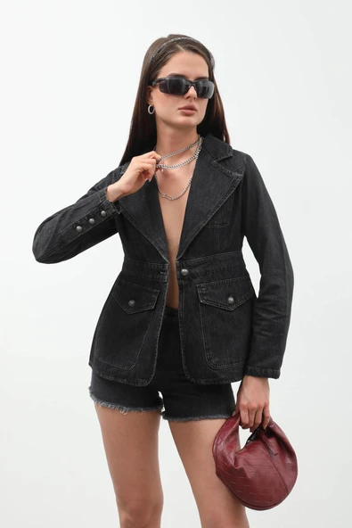 Kadın Uzun Kollu Tek Düğmeli Jean Ceket Siyah - 5