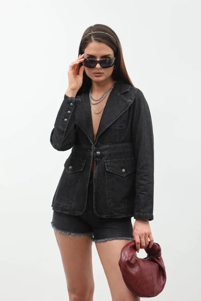Kadın Uzun Kollu Tek Düğmeli Jean Ceket Siyah - 6