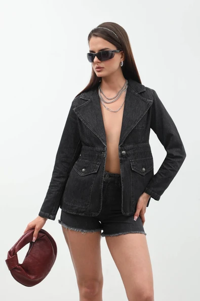 Kadın Uzun Kollu Tek Düğmeli Jean Ceket Siyah - 2